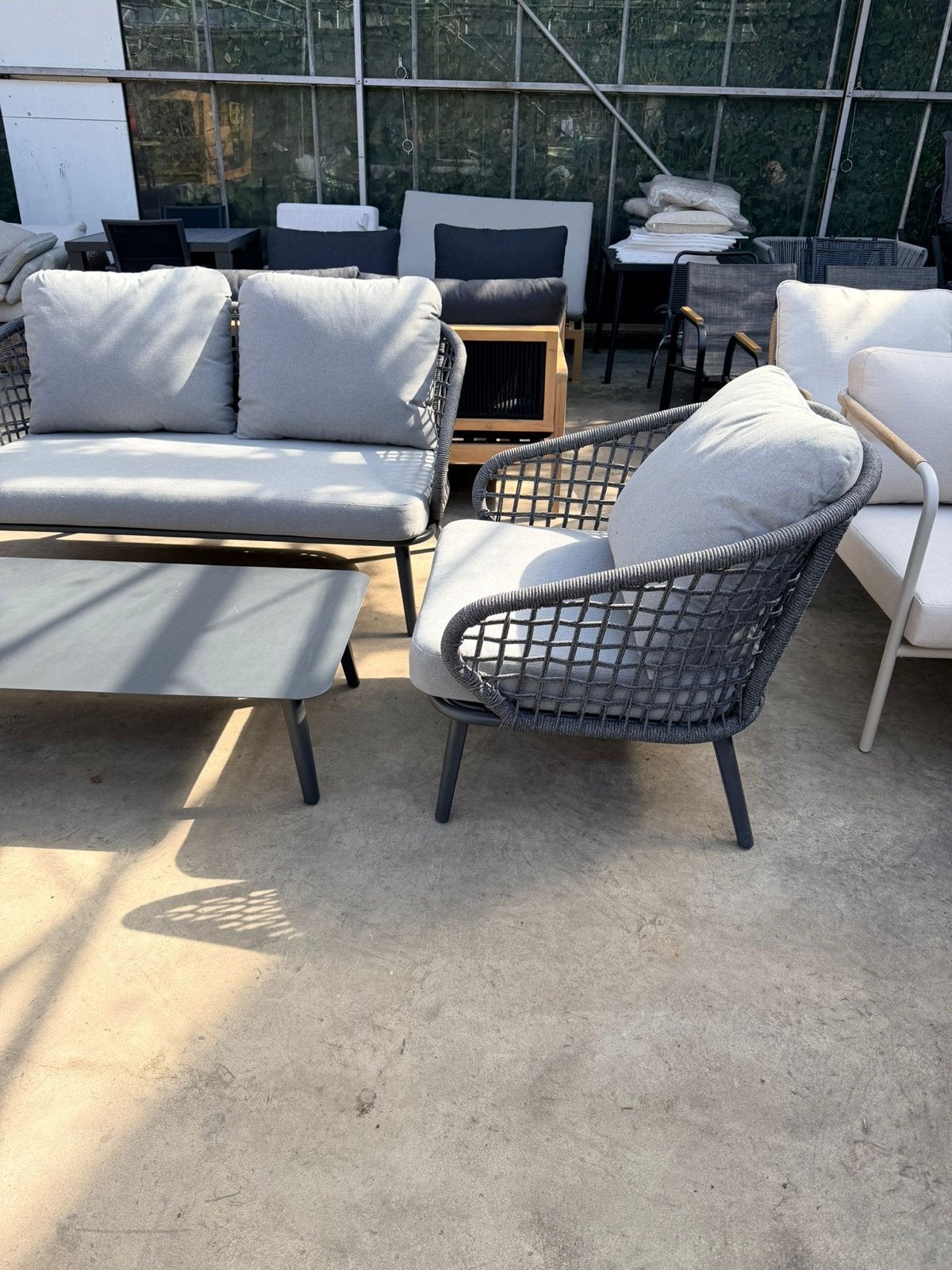 Moderne aluminium loungeset met 2 stoelen en bank, Tuin en Terras, Ophalen, 4 zitplaatsen, Loungeset, Nvt