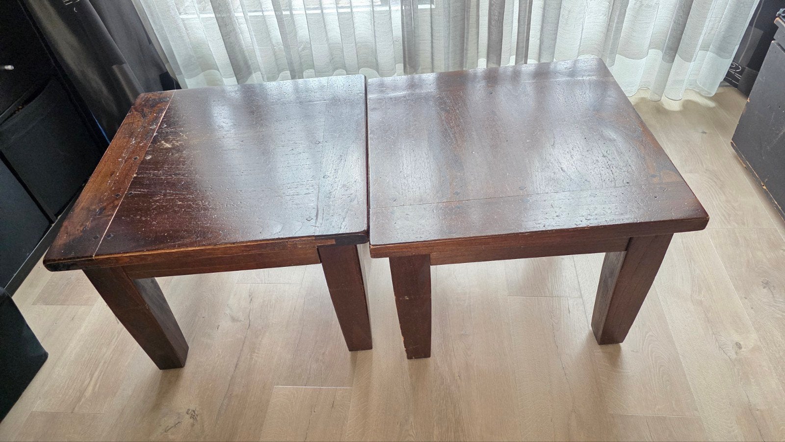 2 Salontafels van donker hout, Ophalen, Gebruikt, 50 tot 100 cm, 50 tot 100 cm