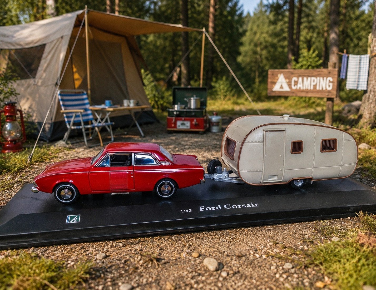 Ford Corsair met caravan, Hobby en Vrije tijd, Modelauto's | 1:43, Ophalen of Verzenden, Auto