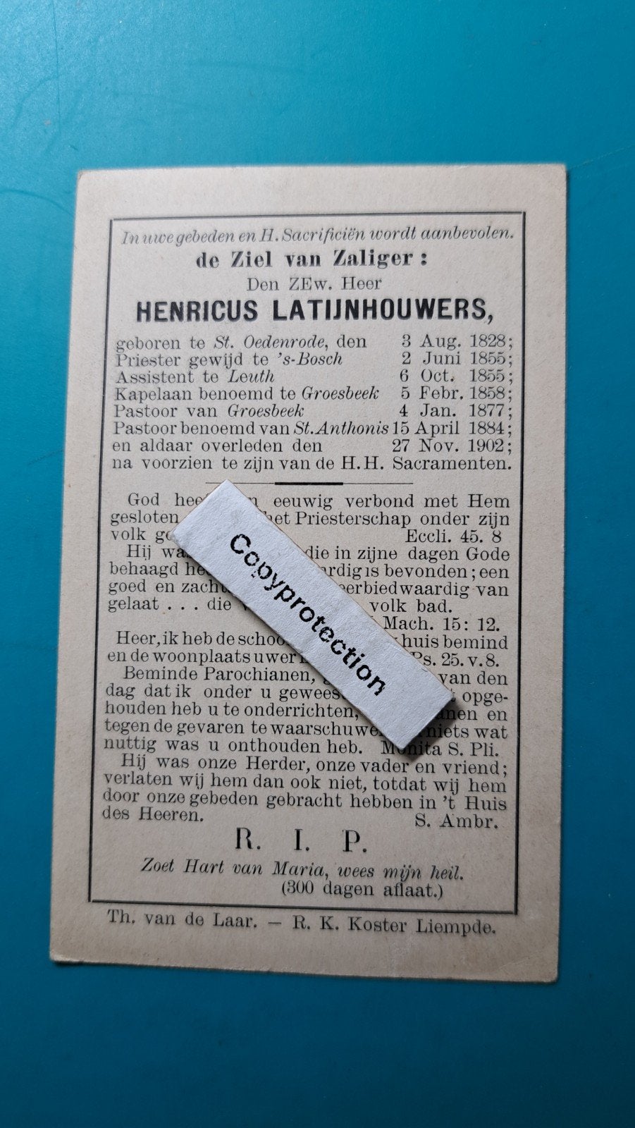 Henricus Latijnhouwers, St Oedenrode 1828, +St Anthonis 1902, Verzenden, Bidprentje
