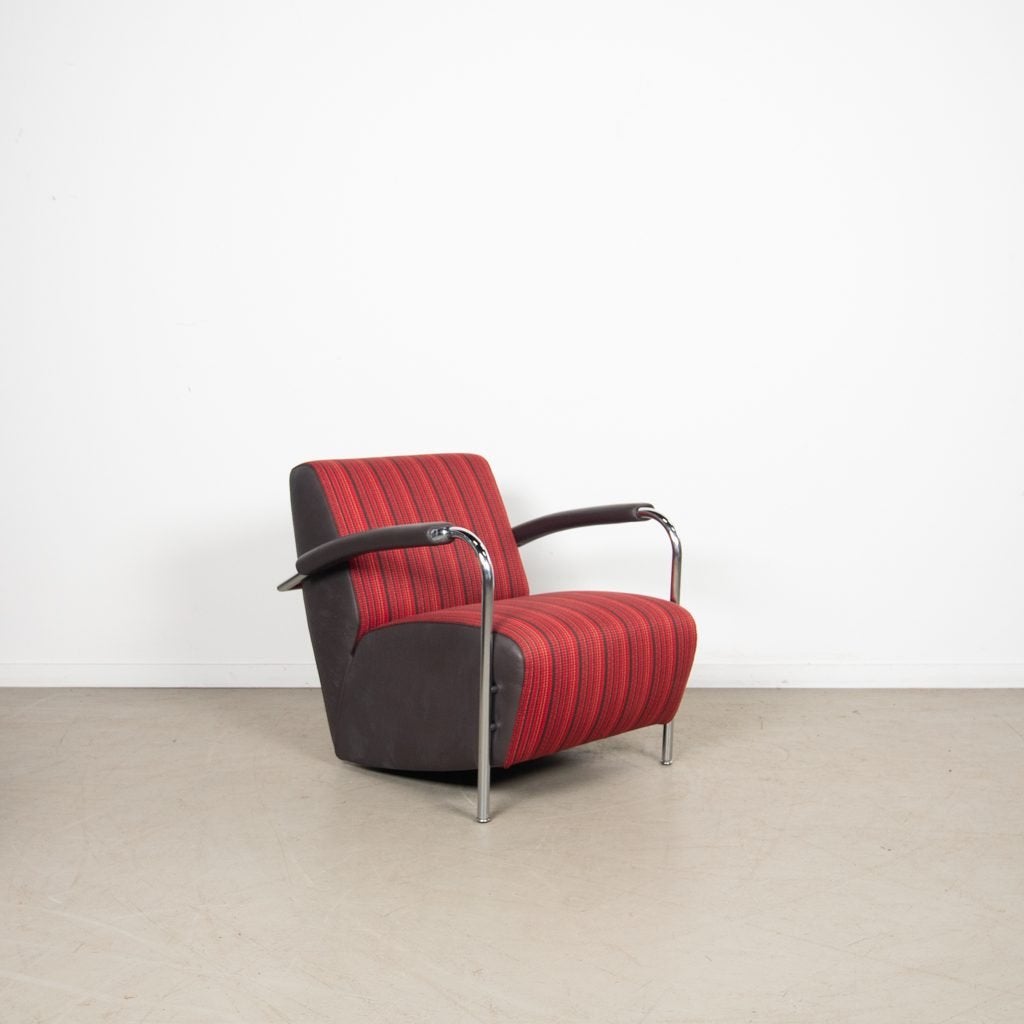 Leolux Scylla Laag Fauteuil Bruin/Rood Leer/Stof, Niet ingevuld, Zo goed als nieuw, Niet ingevuld, Niet ingevuld