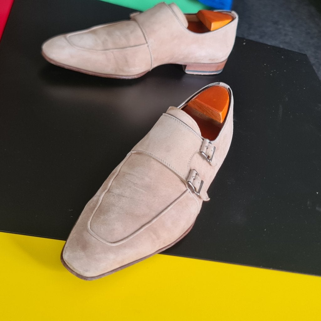 Prachtige Magnanni suede schoenen met 2 gesp en beige kleur, Overige kleuren, Ophalen of Verzenden, Magnanni, Gespschoenen