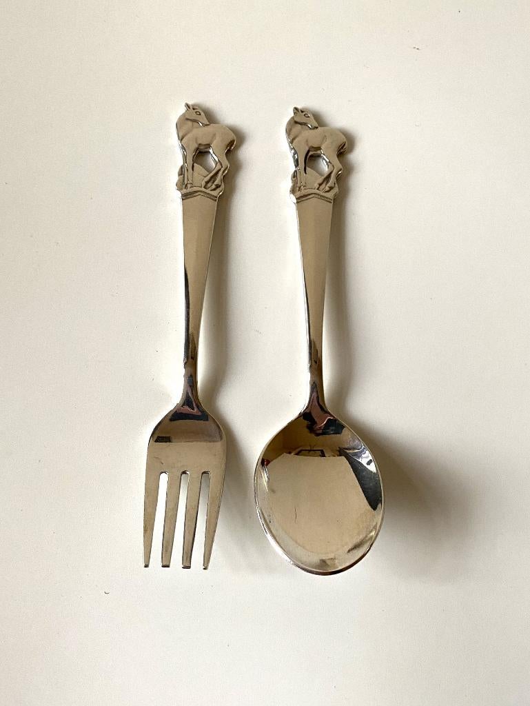 Vintage kinderbestekje met hertjes, verzilverd, Antiek en Kunst, Ophalen of Verzenden