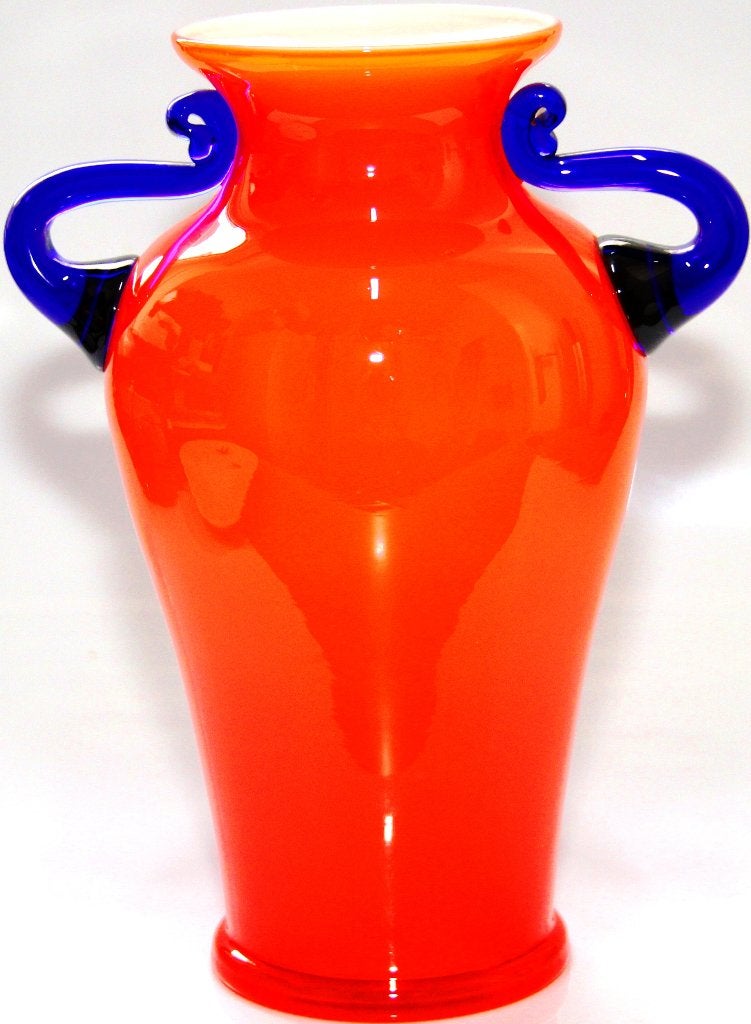 Schitterende Oranje Blauw Glazen Amfora Vaas, Huis en Inrichting, Woonaccessoires | Vazen, 23 cm, Oranje, Ophalen of Verzenden