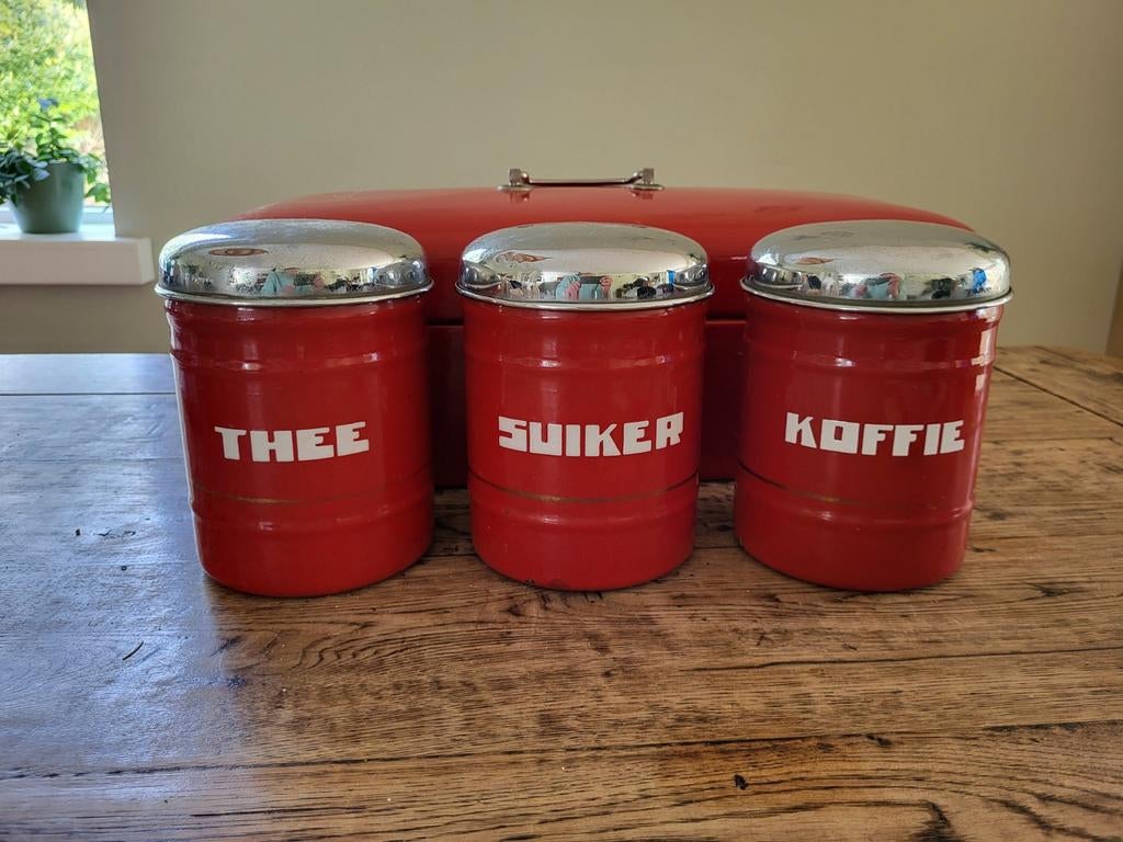 Vintage emaille broodtrommel + voorraadbussen (koffie, thee,, Antiek en Kunst, Antiek | Emaille, Ophalen