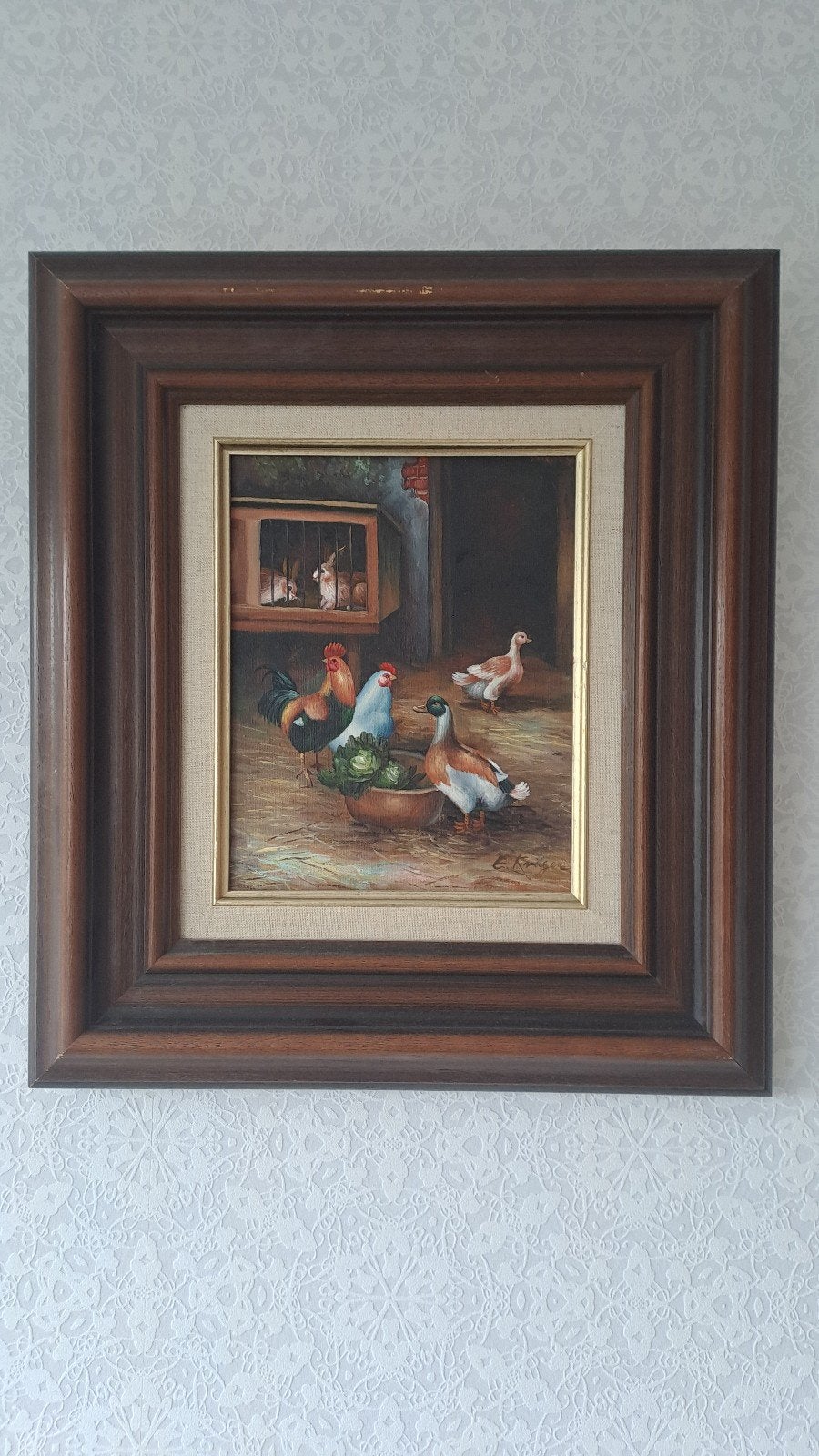 Olieverfschilderij Louis Krüger - Boerenerf met dieren, Doek, Realistisch, Dieren, Ophalen of Verzenden