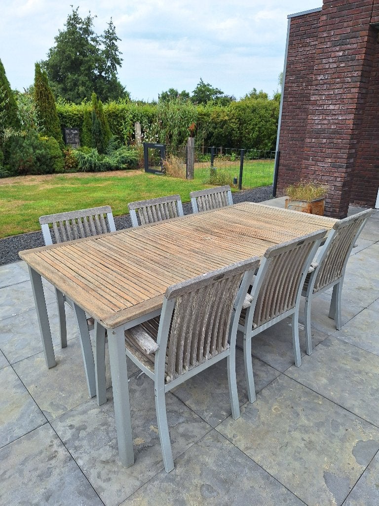 Tuintafelset, teak. Geschikt voor 6 tot 8 personen, Gebruikt, Teakhout, Ophalen of Verzenden, 8 zitplaatsen