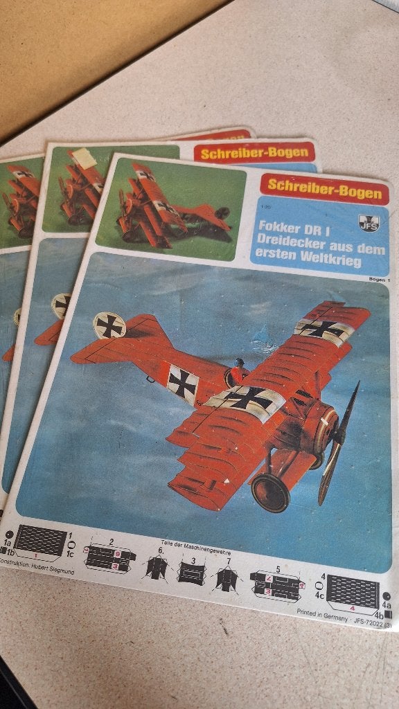 3 Fokker DR1 bouwplaten  in seal  Schreiber - bogen, Hobby en Vrije tijd, Overige merken, Ophalen of Verzenden, Zo goed als nieuw