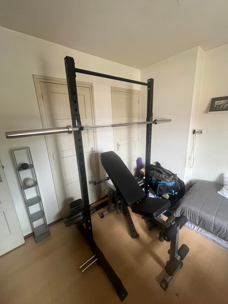 Complete Home Gym Set 140kg | Squat Rack + Bench + Stang, Ophalen, Zo goed als nieuw, Fitnessbank