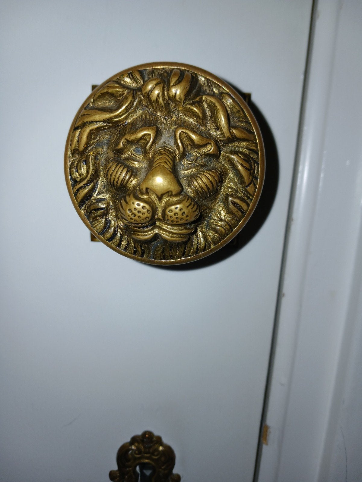 Antiek/vintage leeuwenkop beslag + sleutelplaat – messing/br, Ophalen of Verzenden