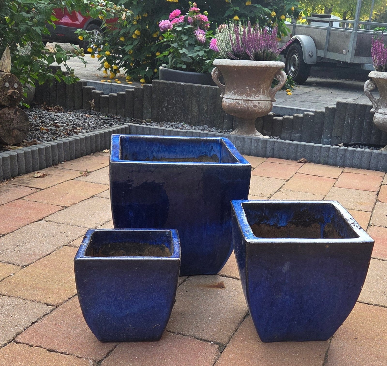Set van 3 blauwe geglazuurde vierkante bloempotten, Gebruikt, Vierkant, Minder dan 40 cm, Ophalen