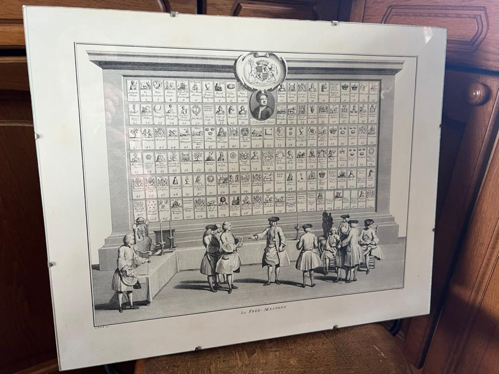 Kopergravure LES FREE-MASSONS Samenzijn Vrijmetselaars 1736, 40 cm, 50 cm, Ophalen of Verzenden, Gravure