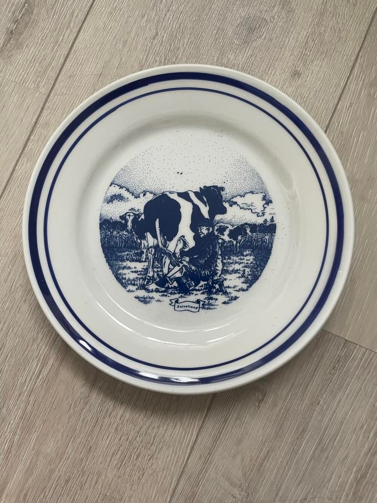 Vintage zuivelland bord met koeien en melker, Ophalen of Verzenden