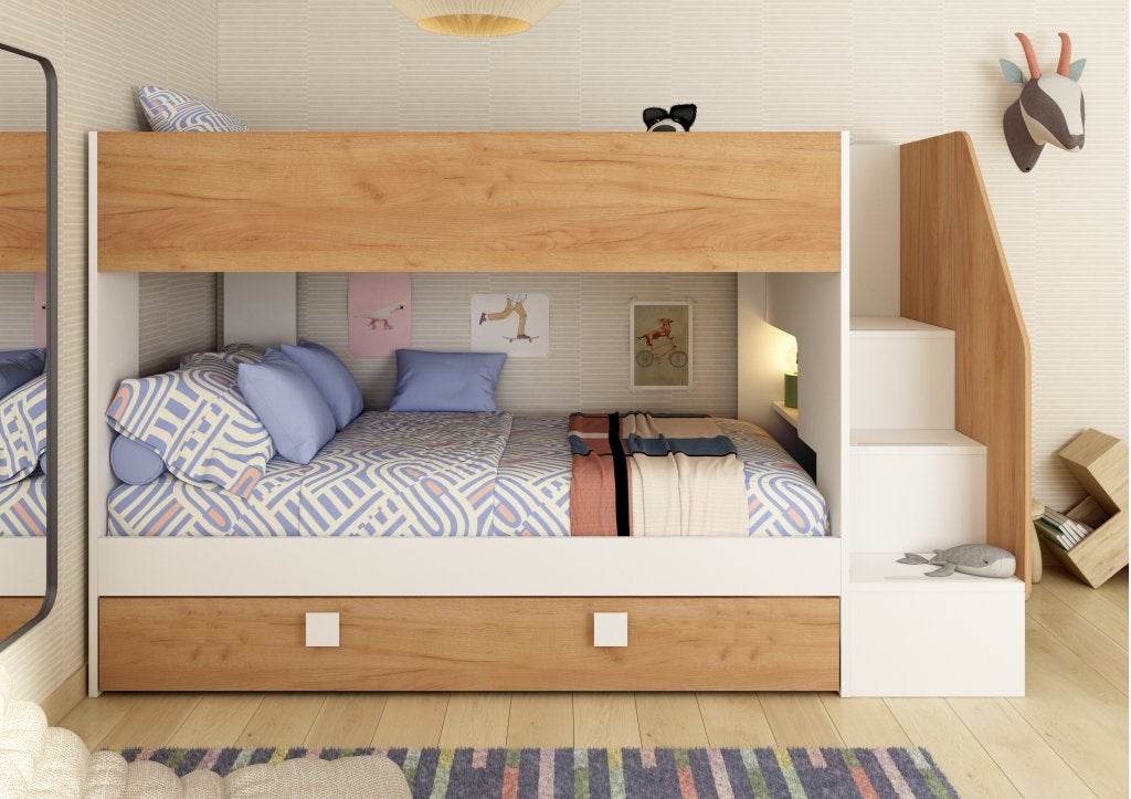 Easy stapelbed met slaaplade - 90x190/200 - Wit/eiken, Niet ingevuld, Niet ingevuld, Niet ingevuld