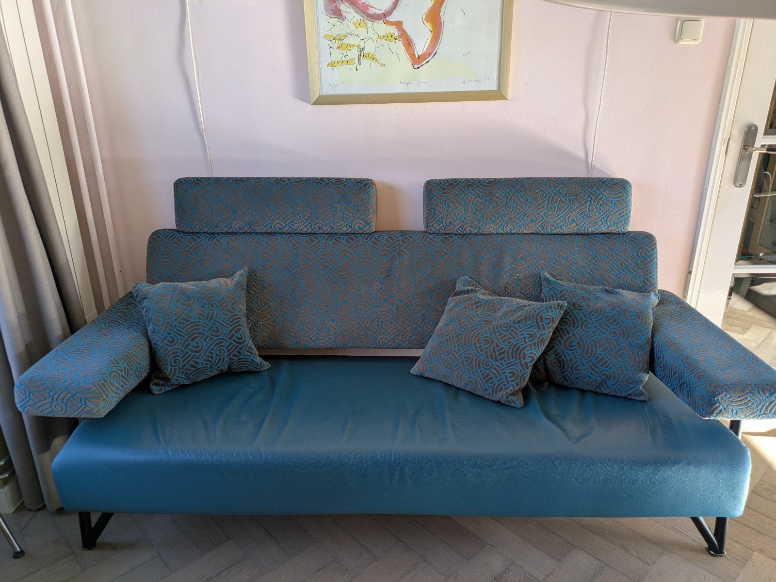 Havee  2,5 zitsbank in blauw leer en stof, Ophalen, Gebruikt, Overige maten, Modern, Uniek