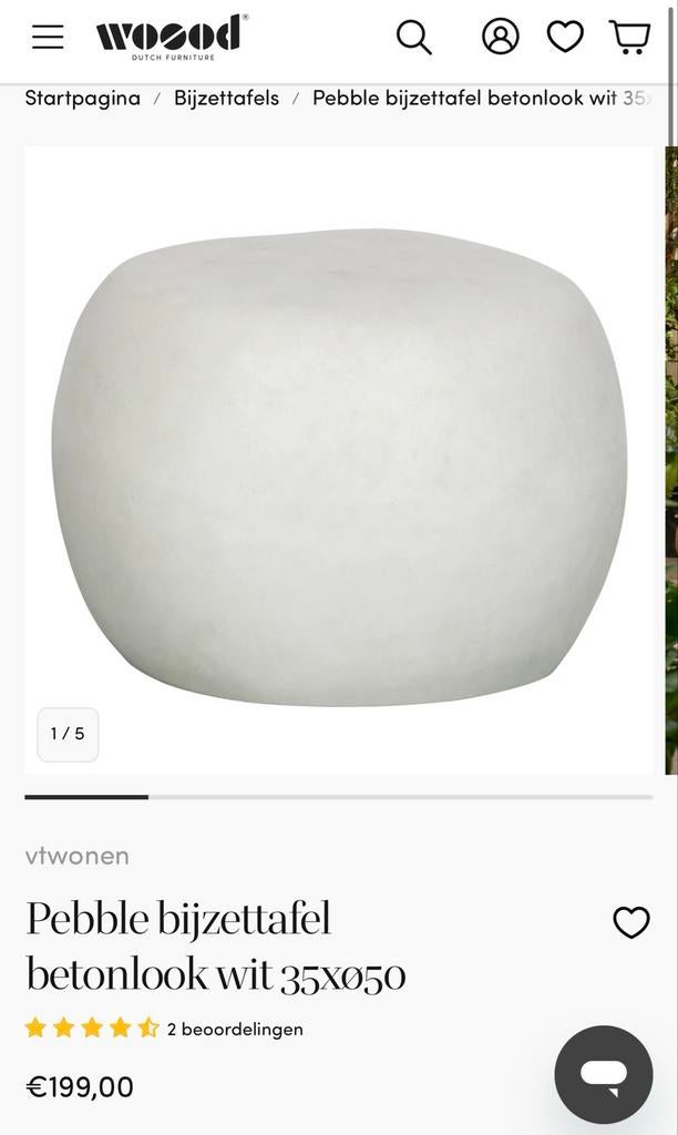 Bieden: Pebble bijzettafel betonlook wit 35xø50, Huis en Inrichting, Tafels | Bijzettafels, Ophalen, Minder dan 55 cm, Rond, Zo goed als nieuw