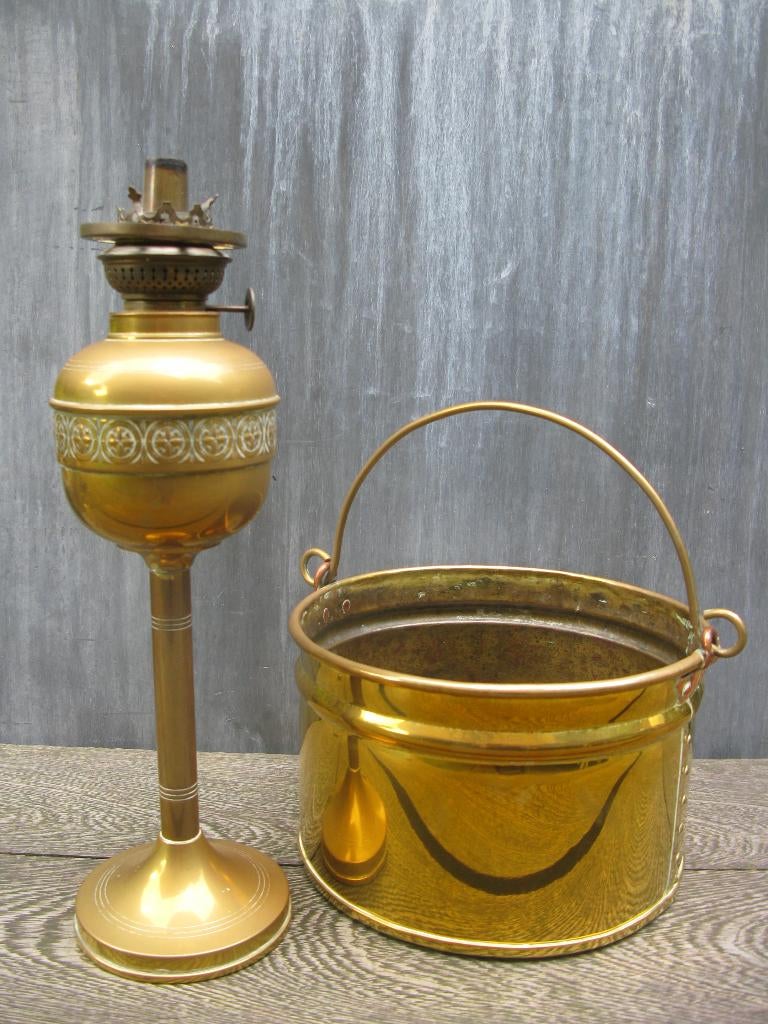 CACHE-POT+OLIELAMP KOPER/MESSING ANTIEK, Antiek en Kunst, Antiek | Koper en Brons, Koper, Ophalen of Verzenden
