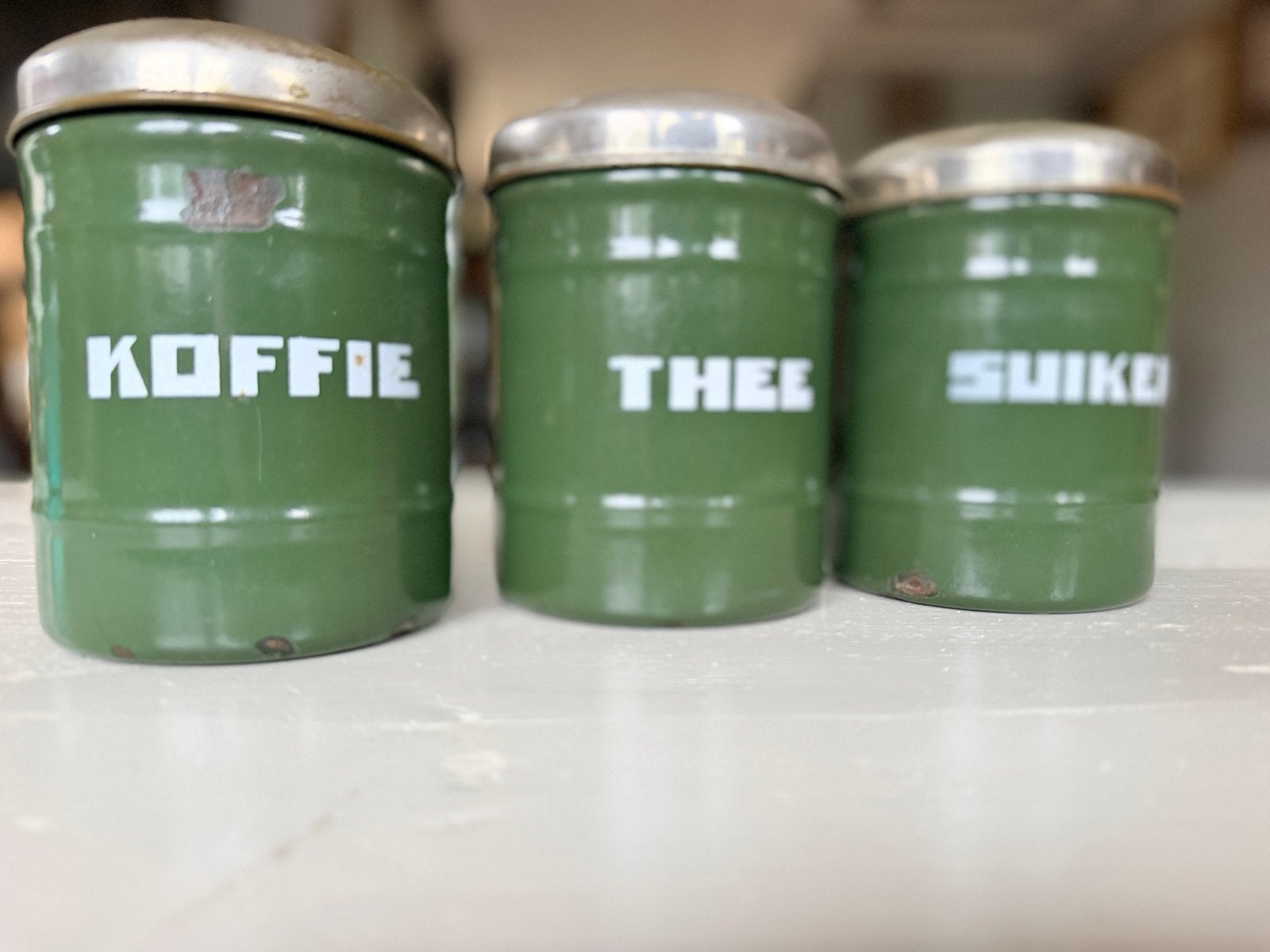 Vintage Groene Emaille Koffie, Thee, Suiker Bus Set, Antiek en Kunst, Ophalen of Verzenden