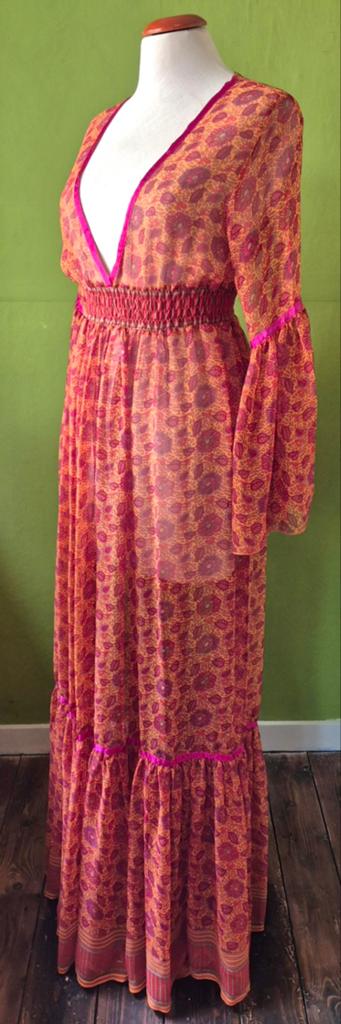 Boho Maxi Jurk met Bloemenprint en Trompetmouwen, Nieuw, Oranje, Ophalen of Verzenden, Maat 36 (S)