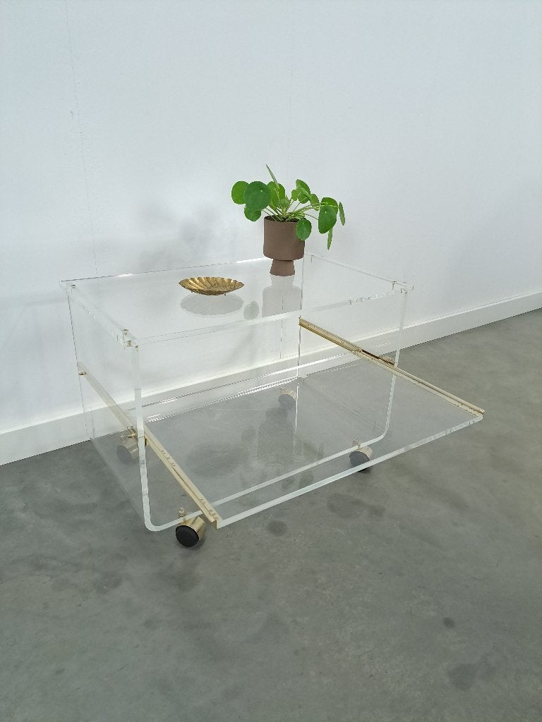 Space age plexiglas trolley met messing, Kunststof, Gebruikt, Minder dan 100 cm, Space age