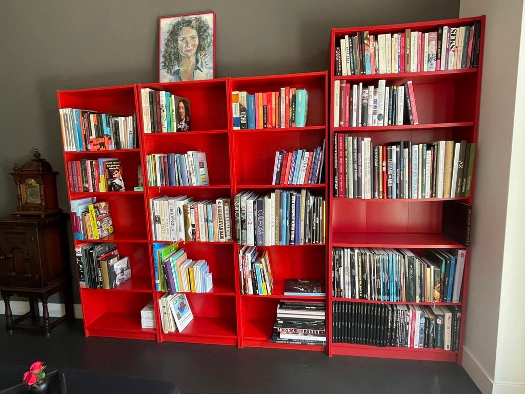 Rode Billy Boekenkasten, vier stuks samen voor € 40,-, Ophalen, Gebruikt, 200 cm of meer, 50 tot 100 cm