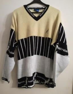 VINTAGE Australian gebreide Trui Zwart Wit Geel maat 2 L XL, Verzenden, Zo goed als nieuw, Maat 56/58 (XL), Geel