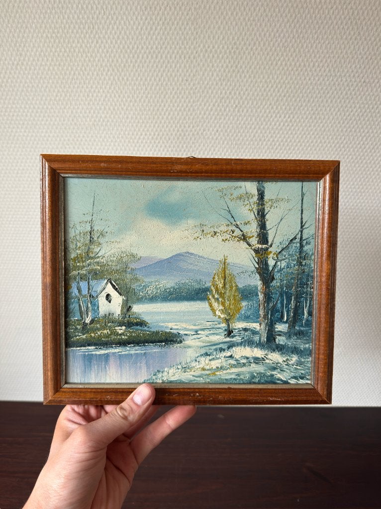 Vintage Paneel Schilderijtje met Winter Landschap in Lijst, Ophalen of Verzenden, Gebruikt, Schilderijlijst