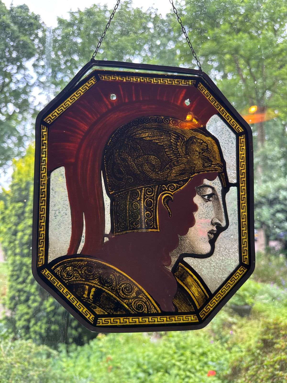 Antiek glas-in-lood raamhanger met Romeinse krijger, Antiek en Kunst, Antiek | Glas en Kristal, Ophalen