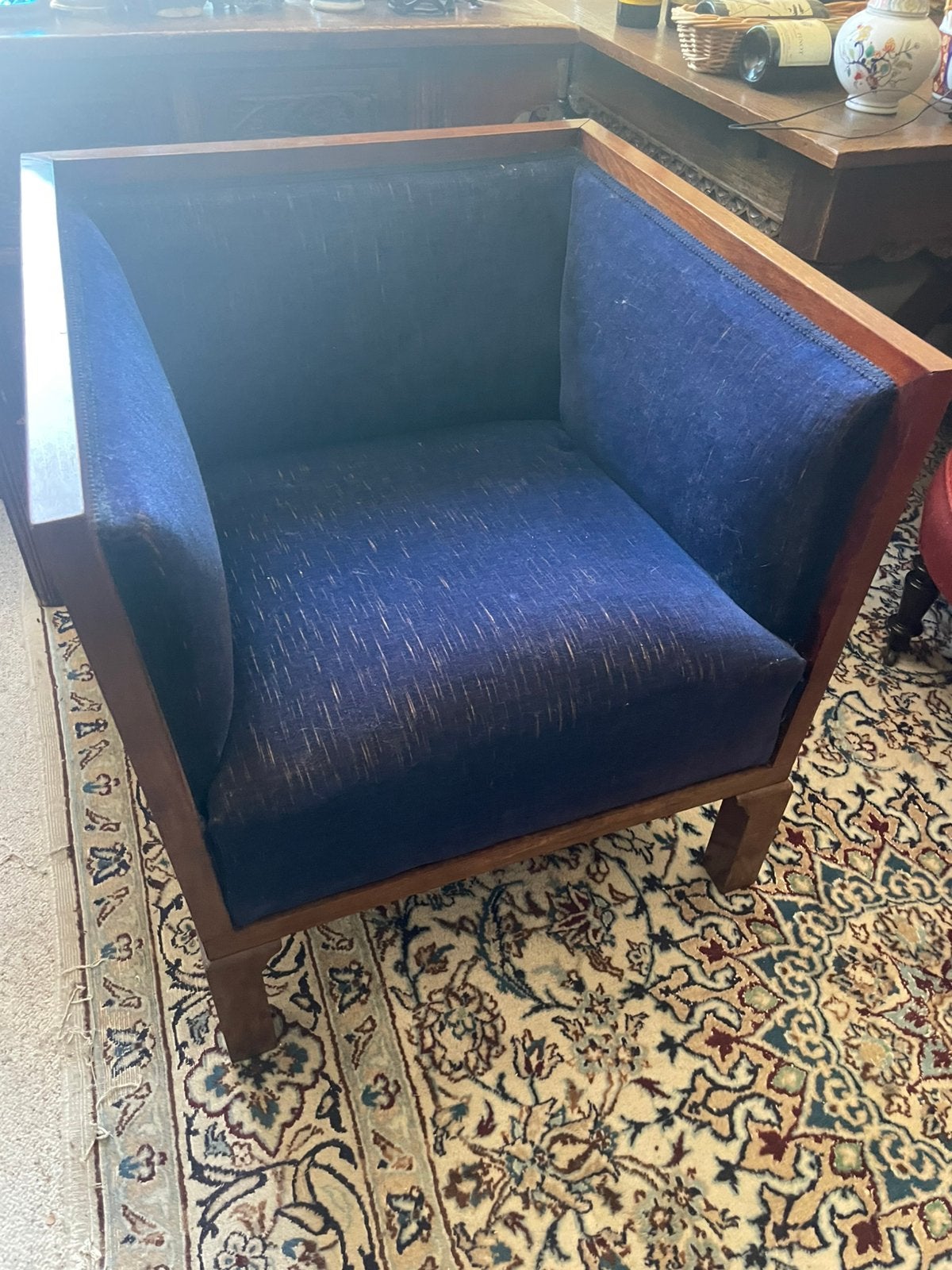 Art Deco / Haagse School kubistische fauteuil – Blauw & Hout, Ophalen, Minder dan 75 cm, Zo goed als nieuw, Art Deco
