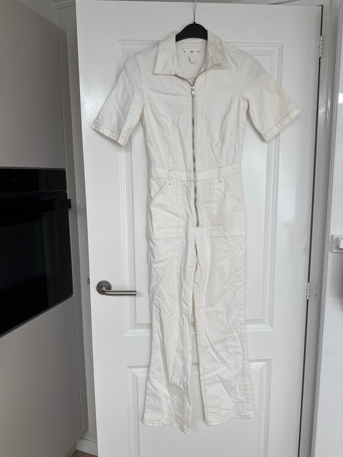 Mango Witte Denim Jumpsuit Maat S, Ophalen of Verzenden, Gedragen, Maat 36 (S), Wit