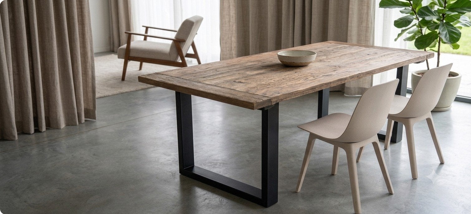 Tafel 200x100 cm met stalen onderstel, Huis en Inrichting, Tafels | Eettafels, Ophalen, Grenenhout, Gebruikt, 200 cm of meer