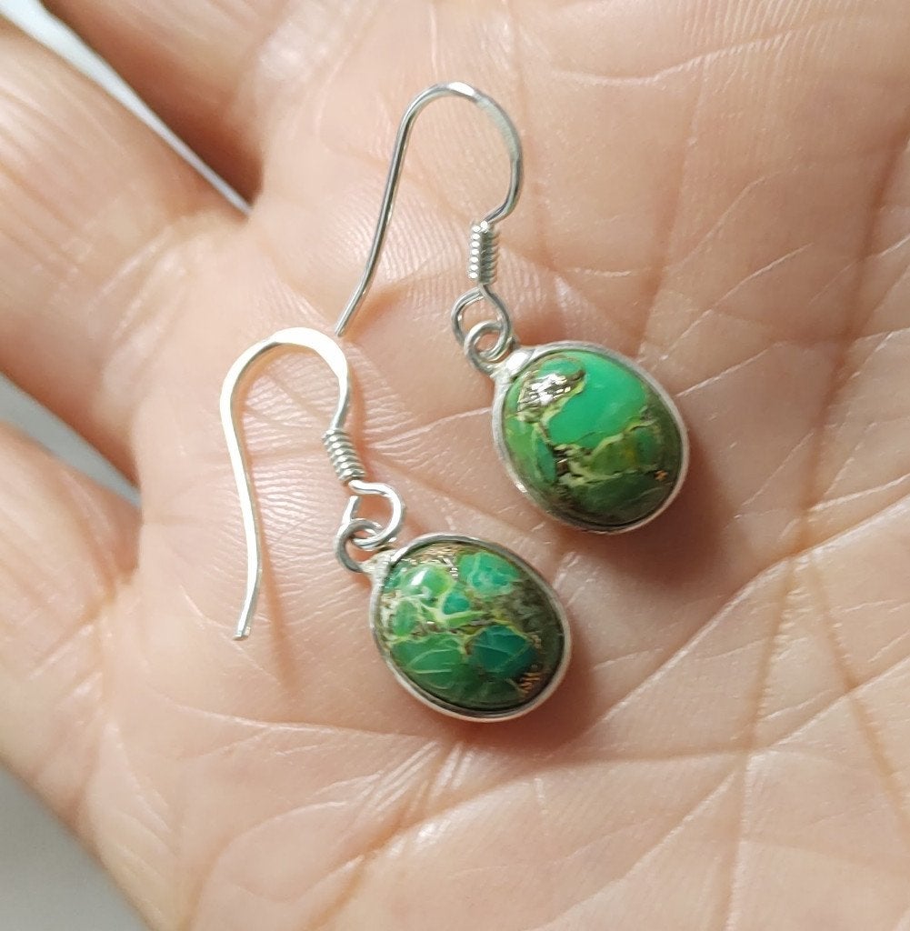 Zilveren oorbellen met natuurlijke Groene Koper Turquoise, O.T., Hangers, Nieuw, Ophalen of Verzenden
