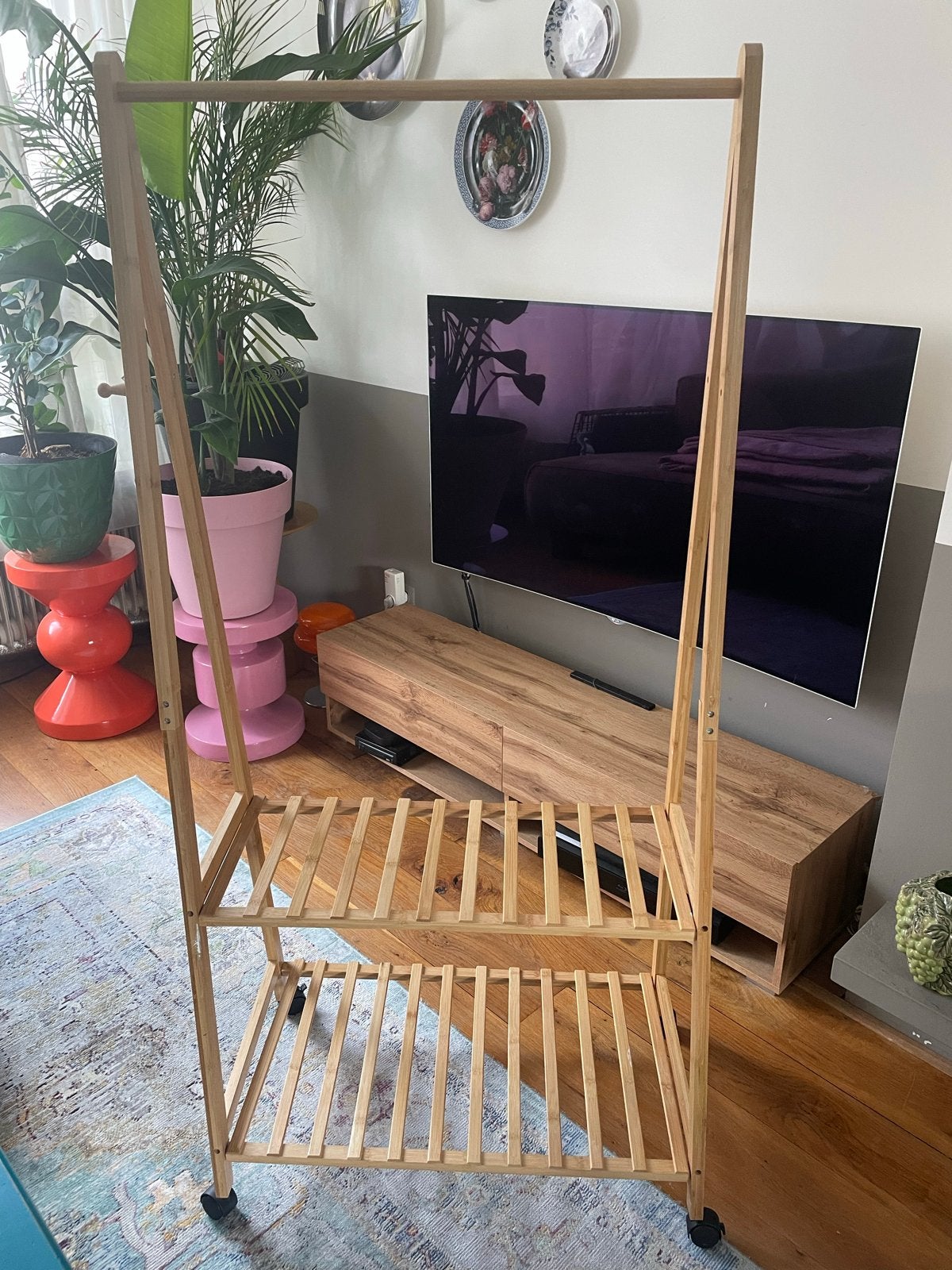 Bamboe kledingrek met wielen en 2 planken, Ophalen, Met wielen, Gebruikt