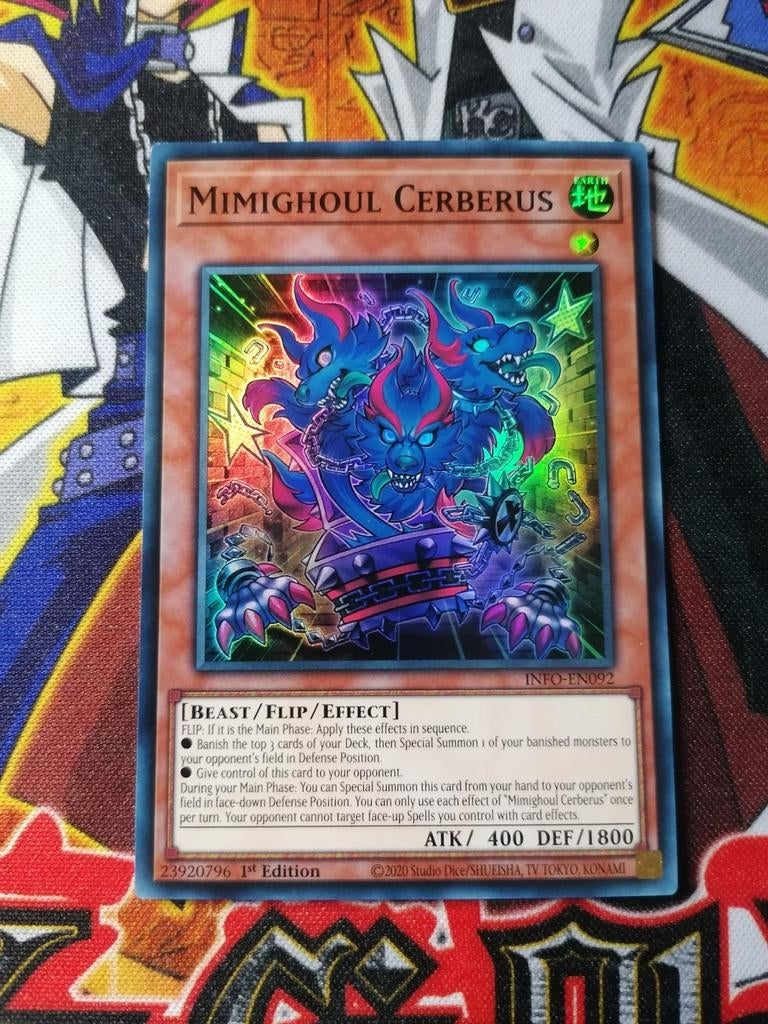 Mimighoul Cerberus - Super Rare INFO - Yu-Gi-Oh, Ophalen of Verzenden, Zo goed als nieuw, Foil