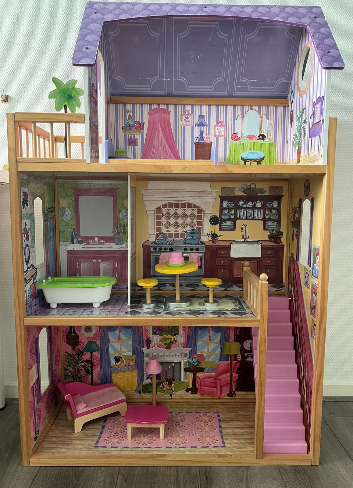 Houten poppenhuis KidKraft + meubels (incl. Barbie meubels), Ophalen, Gebruikt, Poppenhuis