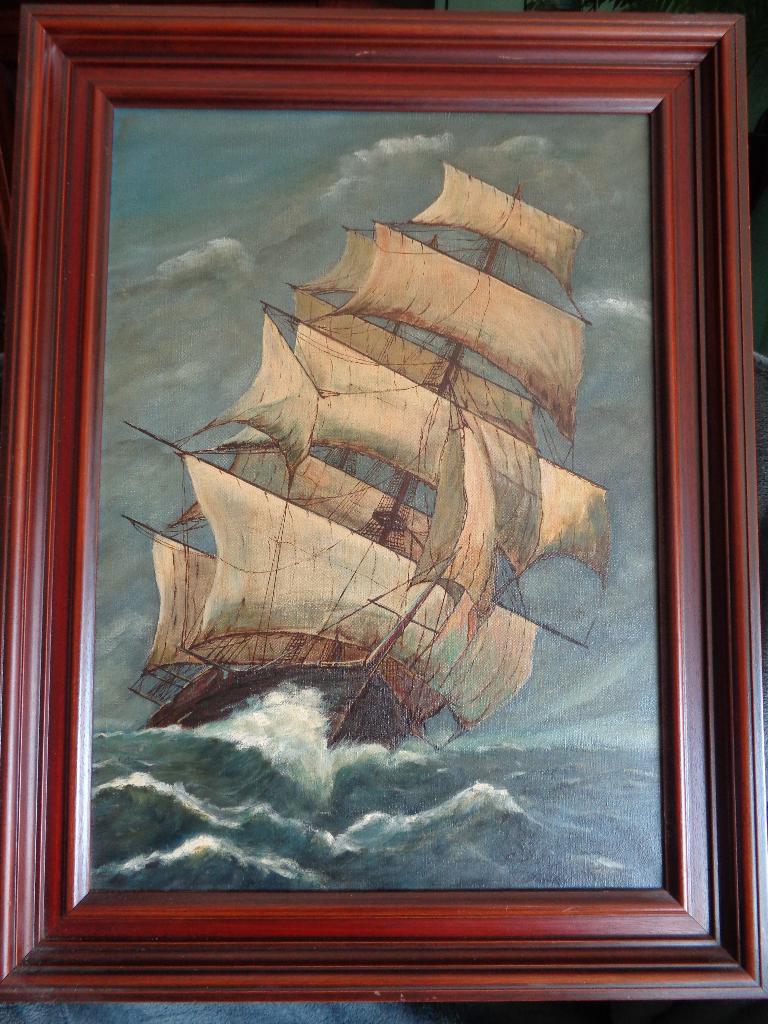 olieverf schilderij van 3 master in mahonie houten lijst, Antiek en Kunst, Ophalen of Verzenden