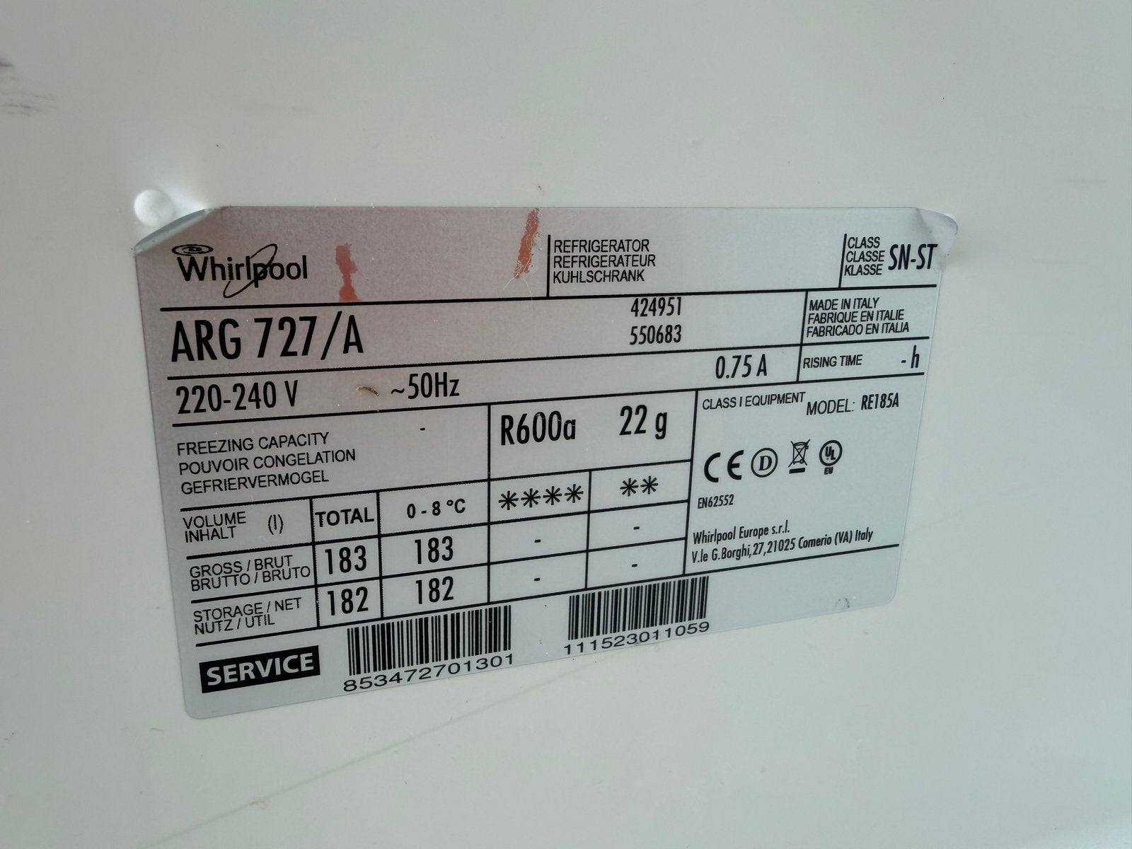 Whirlpool ARG 727/inbouwKoelkast - 102 hoog., 150 tot 200 liter, 45 tot 60 cm, Ophalen, 85 tot 120 cm