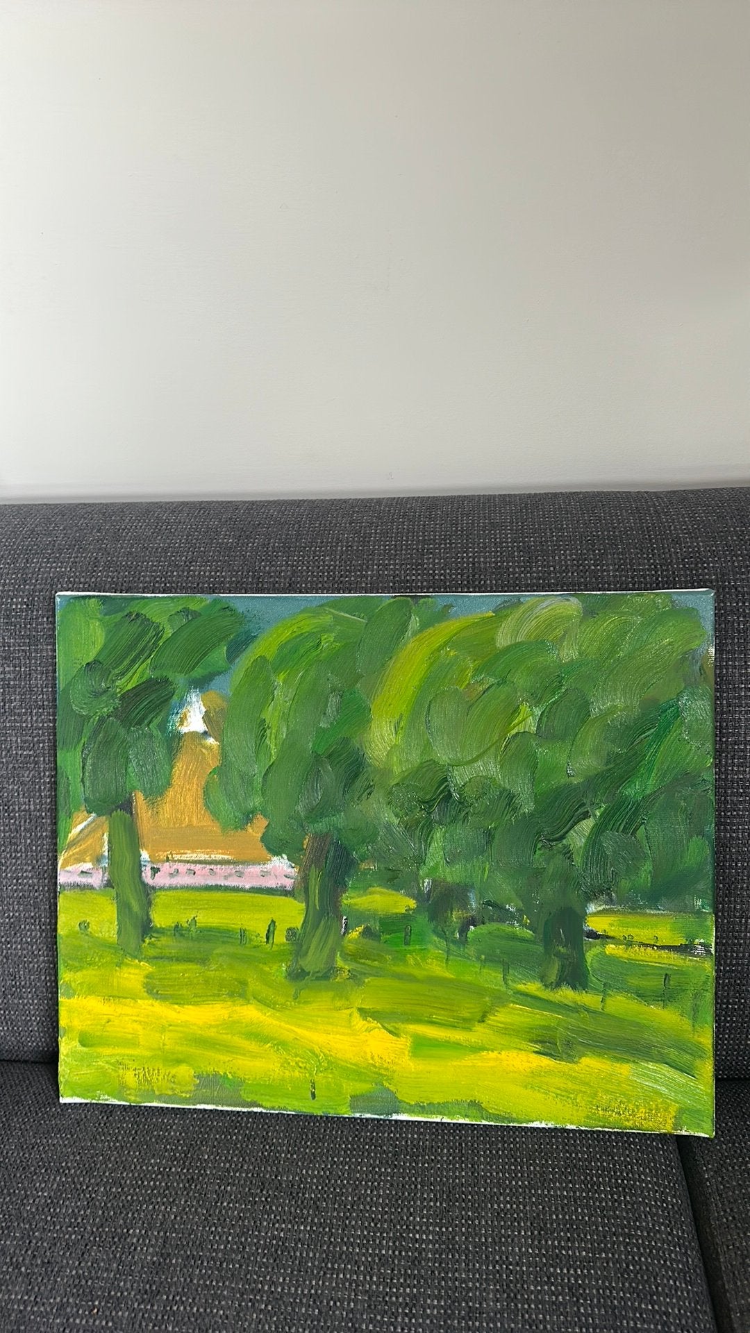 4 olieverf schilderijen van Wim van der Veer 40 x 50 cm, Landschap, Olieverf, Textiel, Echtheidscertificaat