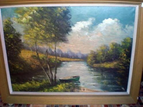 OLIEVERF OP LINNEN * BOOTJE AAN DE KREEK * In Lijst *, Antiek en Kunst, Ingelijst, Doek, Ophalen of Verzenden, Landschap