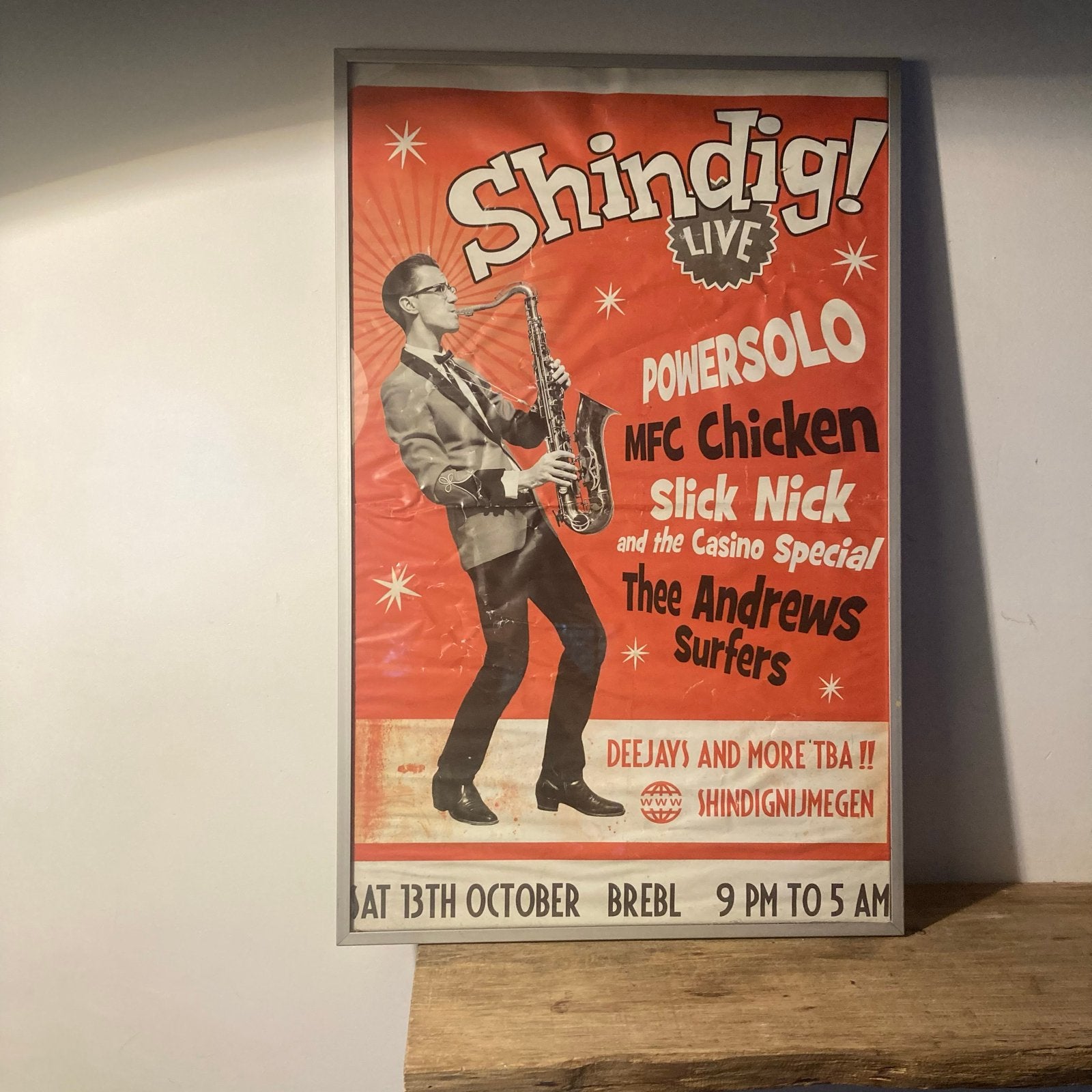 Retro concertposter Shindig! Live Brebl Nijmegen 38x60 cm, Ophalen of Verzenden, A1 t/m A3, Muziek, Rechthoekig Staand