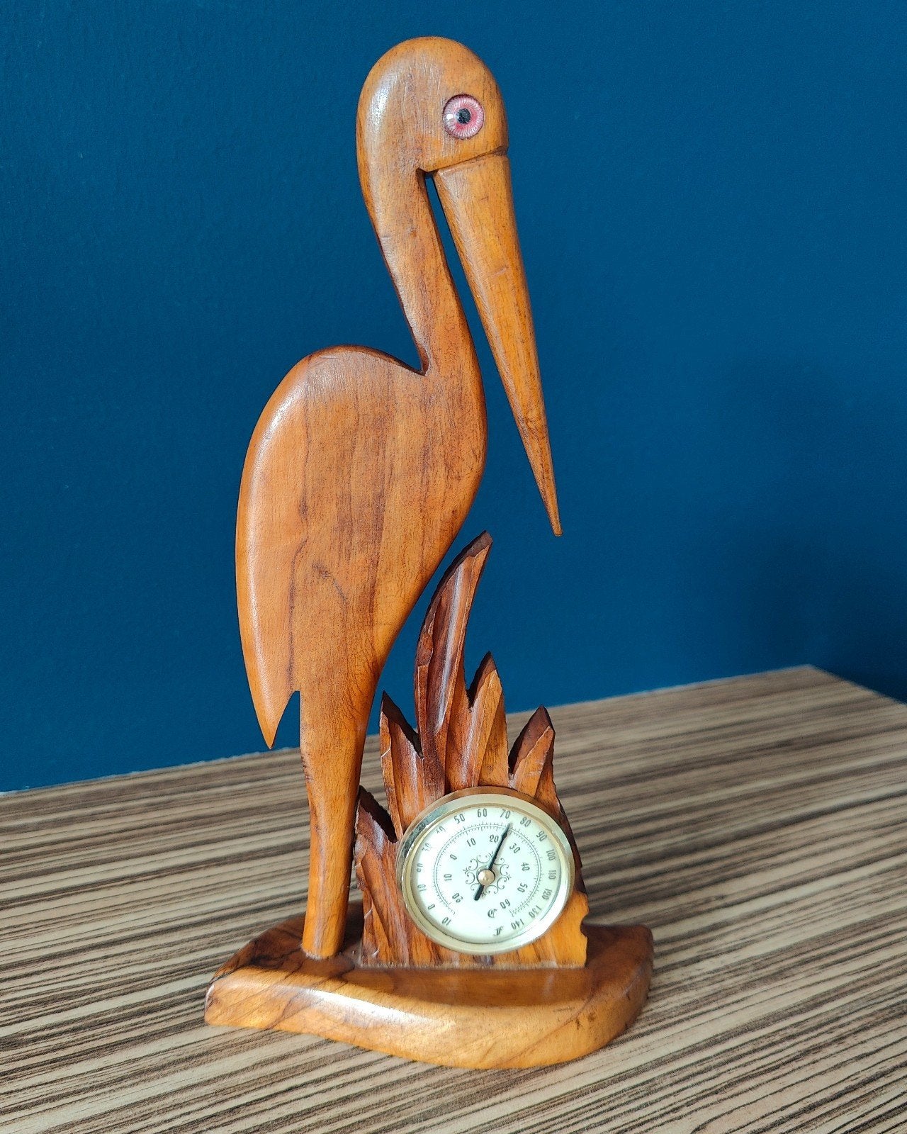 Vintage houten vogel beeld met thermometer mid-century, Minder dan 20 cm, Art deco, Ophalen of Verzenden, Handgemaakt