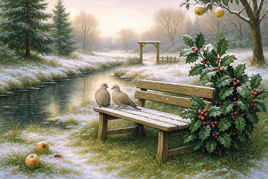 Borduurpatroon: Tortelduifjes in winter wonderland, Zwolle, Patroon, Verzenden, Eindeloos Borduren