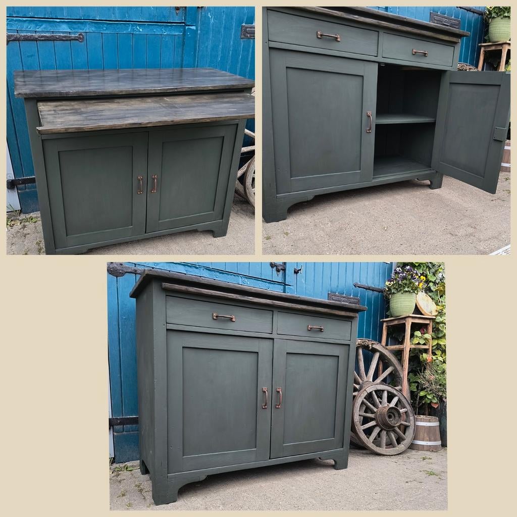 Vintage bureau army green met uitschuifbaar blad, Huis en Inrichting, Groen, Muppetsmeubels@gmail.com, Middenhof 41 Rilland, 113 cm