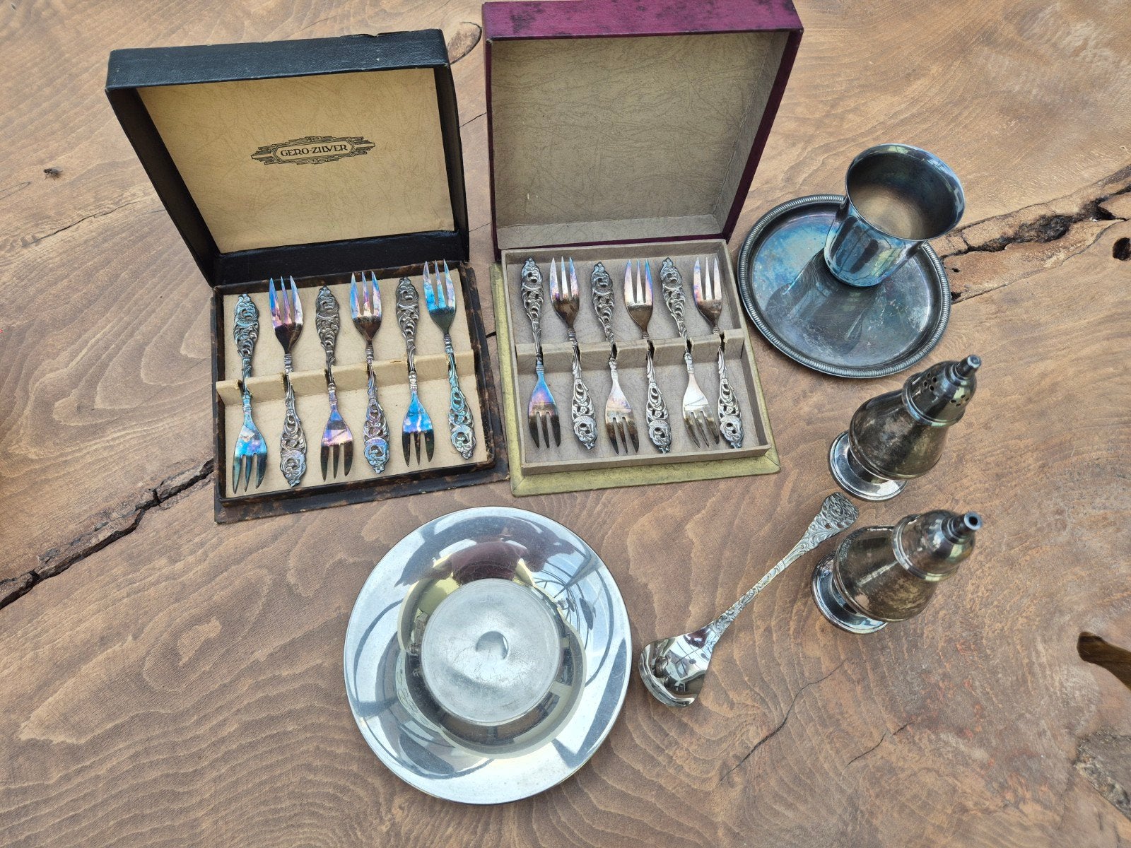 Vintage Gero-zilver set 12 vorkjes, strooiers, lepel, beker, Antiek en Kunst, Ophalen of Verzenden