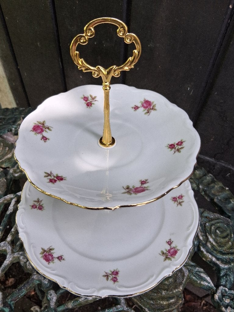 ZELDZAAM!! 2 laags etagere Bavaria met roze roosjes, Ophalen of Verzenden
