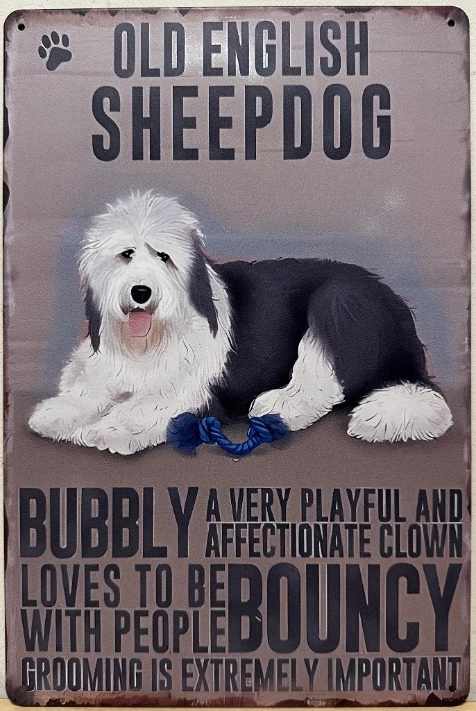Old English Sheepdog eigenschappen reclamebord van metaal, Info@deconoord.nl, Deco Noord, Nieuw, Ophalen of Verzenden