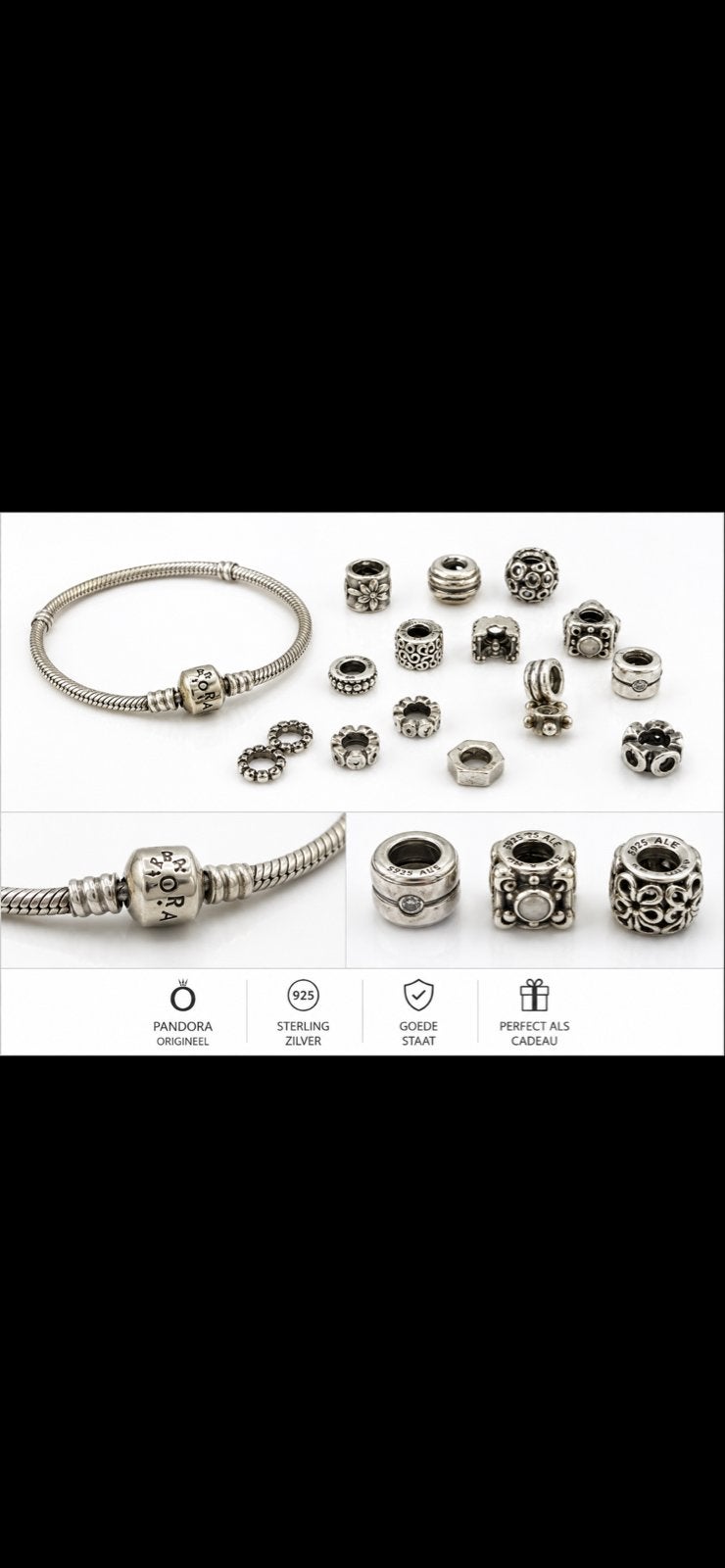 Pandora bedels en armband van sterling zilver, Sieraden, Tassen en Uiterlijk, Bedels, Gebruikt, Pandora, Ophalen of Verzenden