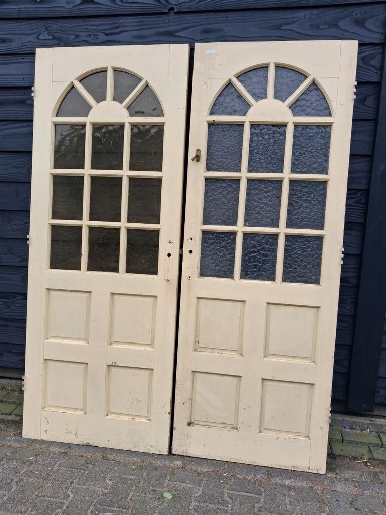 Hardhouten oude stompe deuren met glas., Doe-het-zelf en Verbouw, Deuren en Horren, Gebruikt, 80 tot 100 cm, Binnendeur, Ophalen of Verzenden