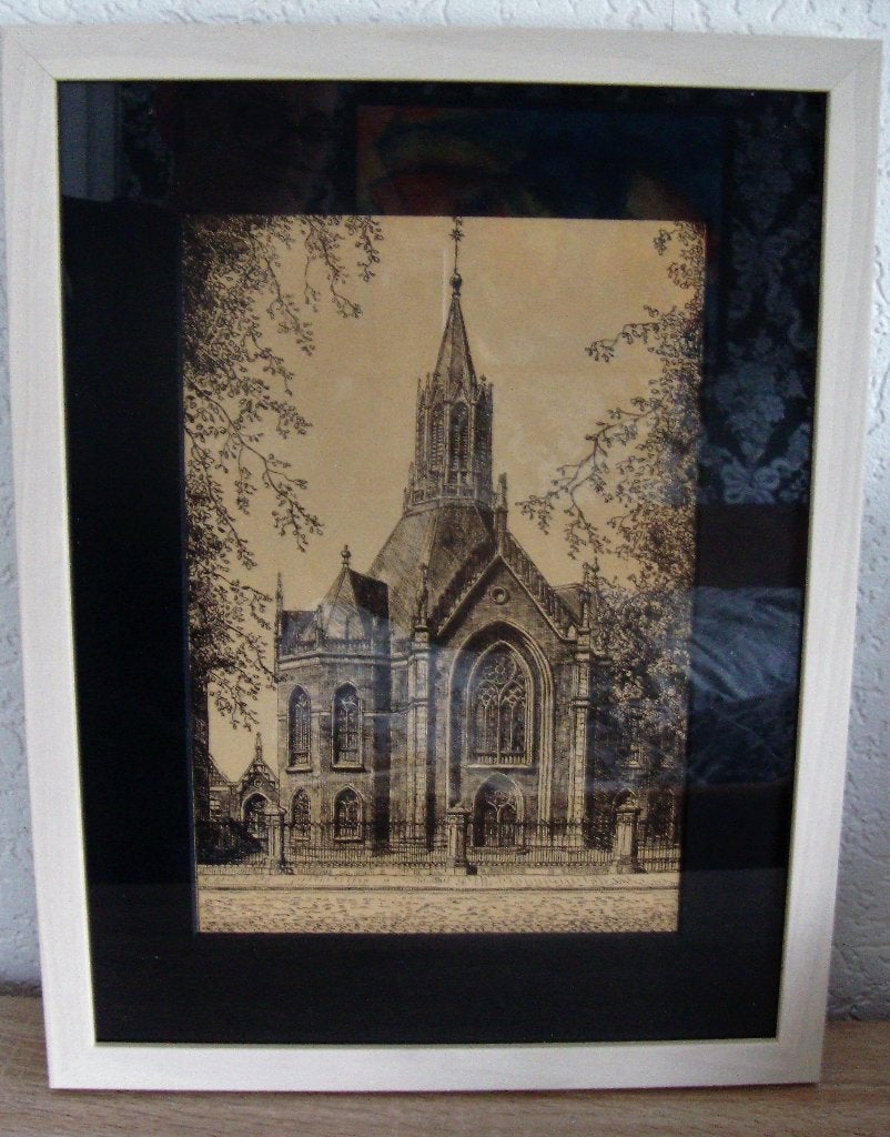 nieuw ingelijste ets van de oude zuiderkerk te Rotterdam, 33 cm, Ets, 43 cm, Architectuur