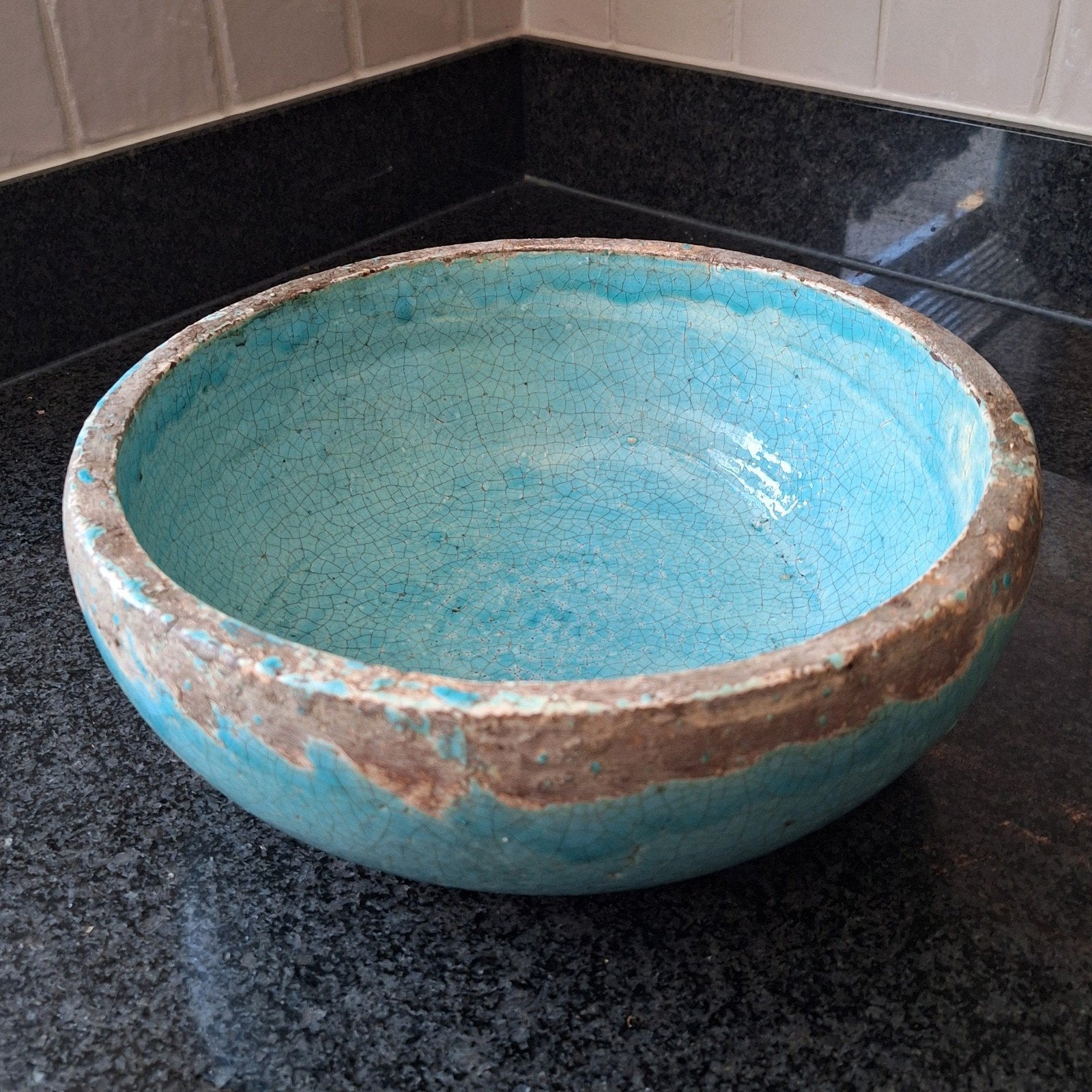 Mooie Stenen Geglazuurde Turquoise Schaal, Tuin en Terras, Bloembakken en Plantenbakken, Steen, Minder dan 30 cm, Rond, Ophalen of Verzenden